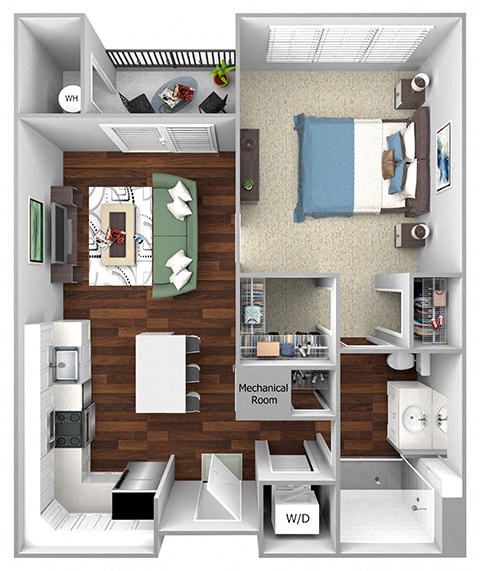 Floor plan for 1 bed, 1 bath, 721 sqft
